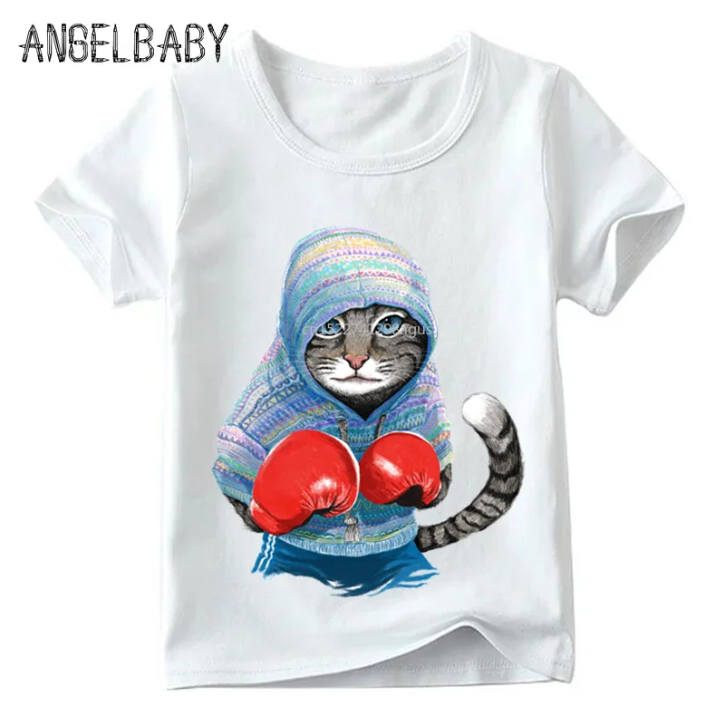 Children Super Cool Boxing Cat Attack Print T shirt Baby Boys/Girls Short Sleeve Summer Tops Kids Great Casual Clothes,ooo5043