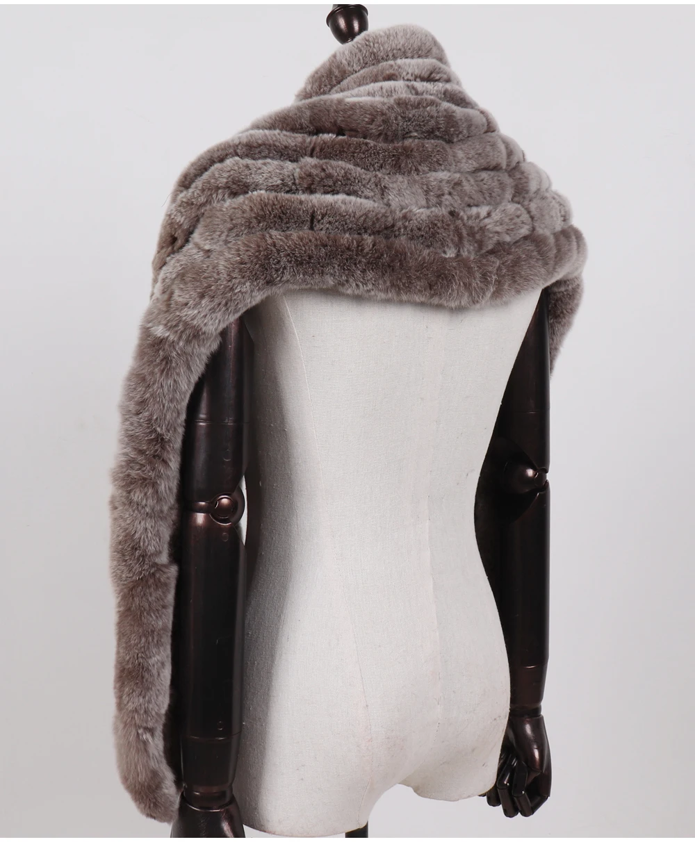 Neuer langer Schal aus echtem Rex-Kaninchenfell für Damen, warm, weich, hochwertig, modischer Rex-Kaninchenfell-Schal mit Quasten. – Detail 17