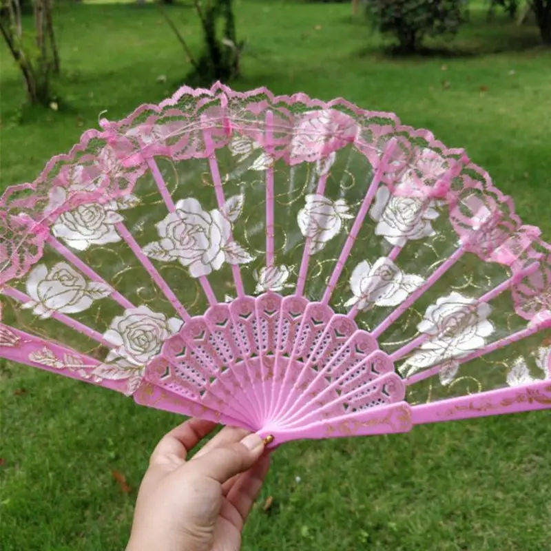 Traditional style Plastic Folding Fan Cloth Chinese Style Rose Lace Souvenir Gold Stamping women Gift new arrival F20174030