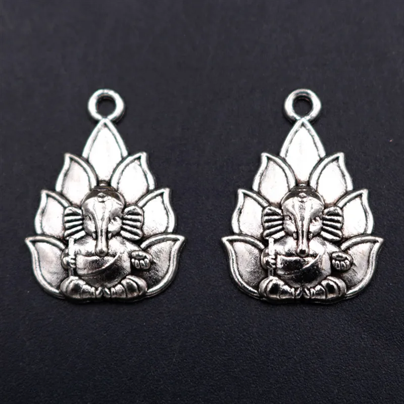 8pcs Silver Color Lotus Seat God Ganesha Pendant DIY Charm Buddhist Necklace Bracelet Jewelry Carfts Making 25*18mm A1897