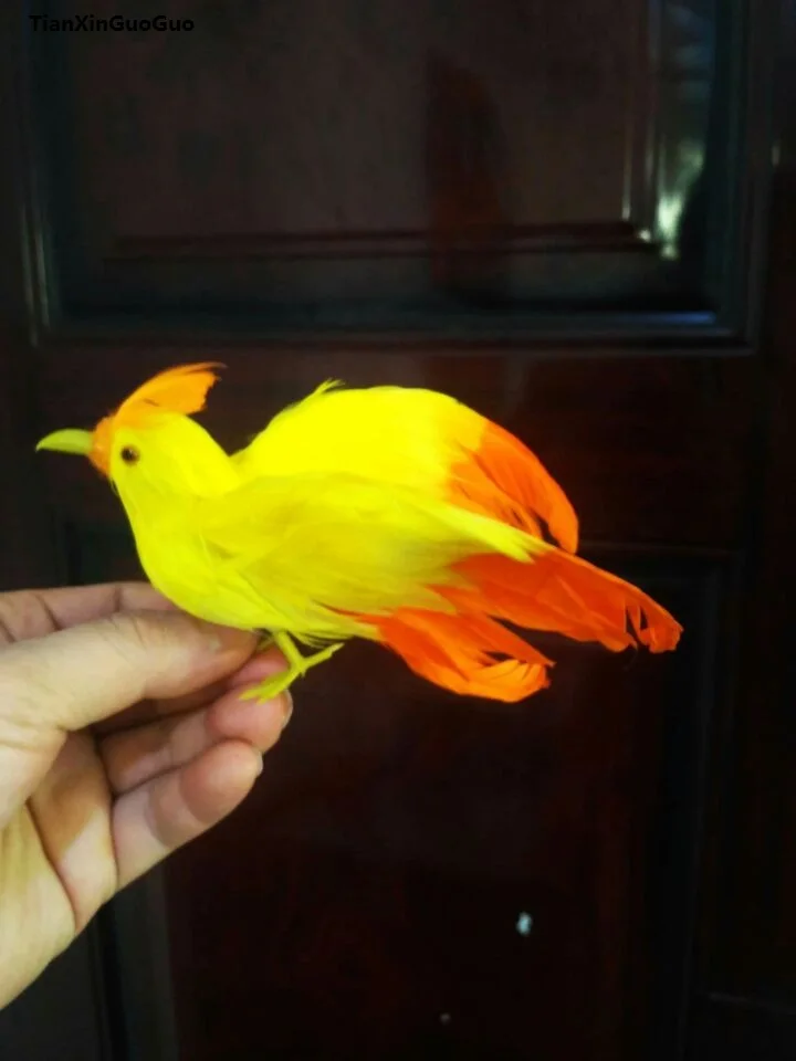 

spreading wings bird about 12x15cm orange-yellow feathers bird hard model foam &feathers bird decoration prop,craft gift s1295