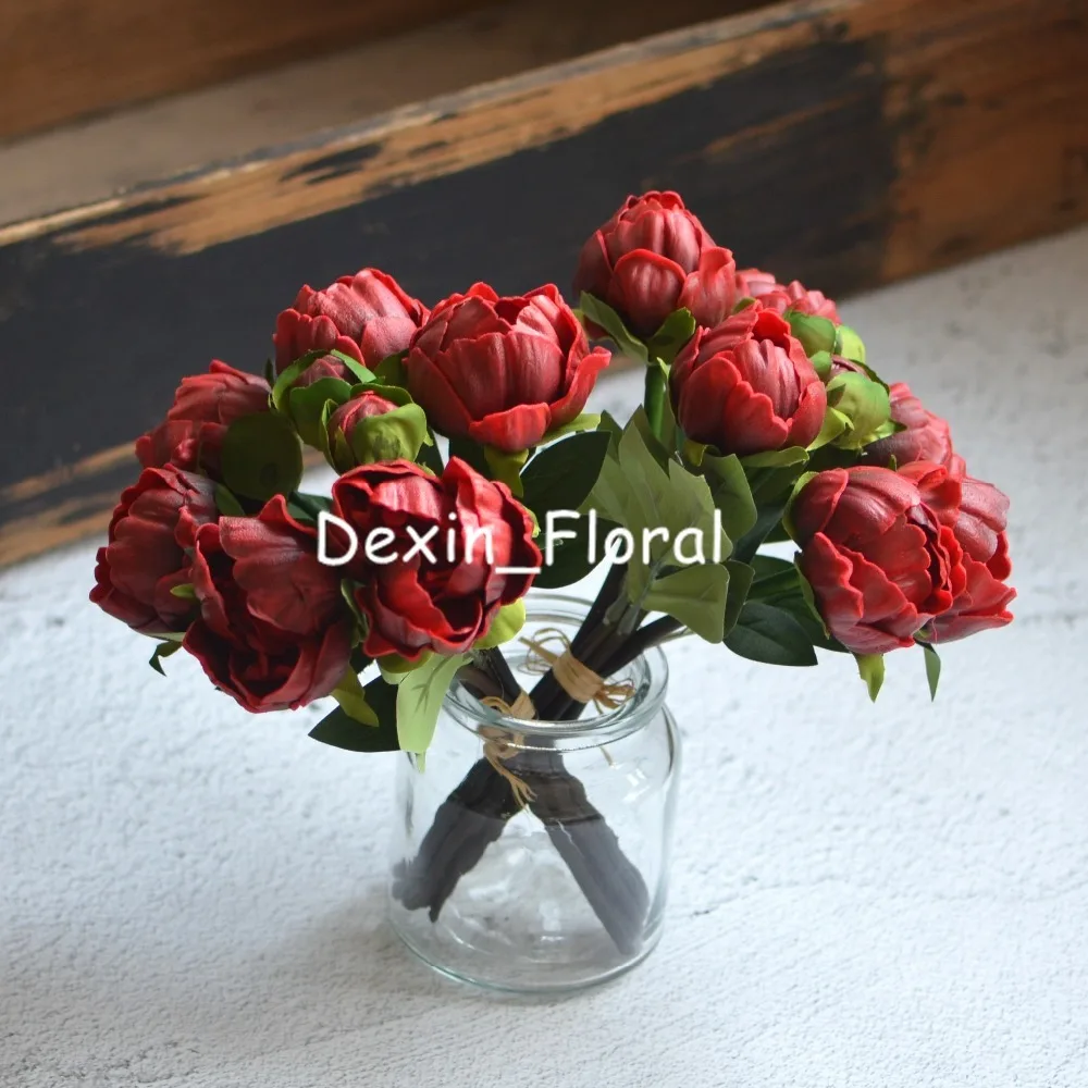 Real Touch Wedding Bouquets, Bridal Bouquets, Wedding Centerpieces, Dark Red Peonies, 2 Bundles