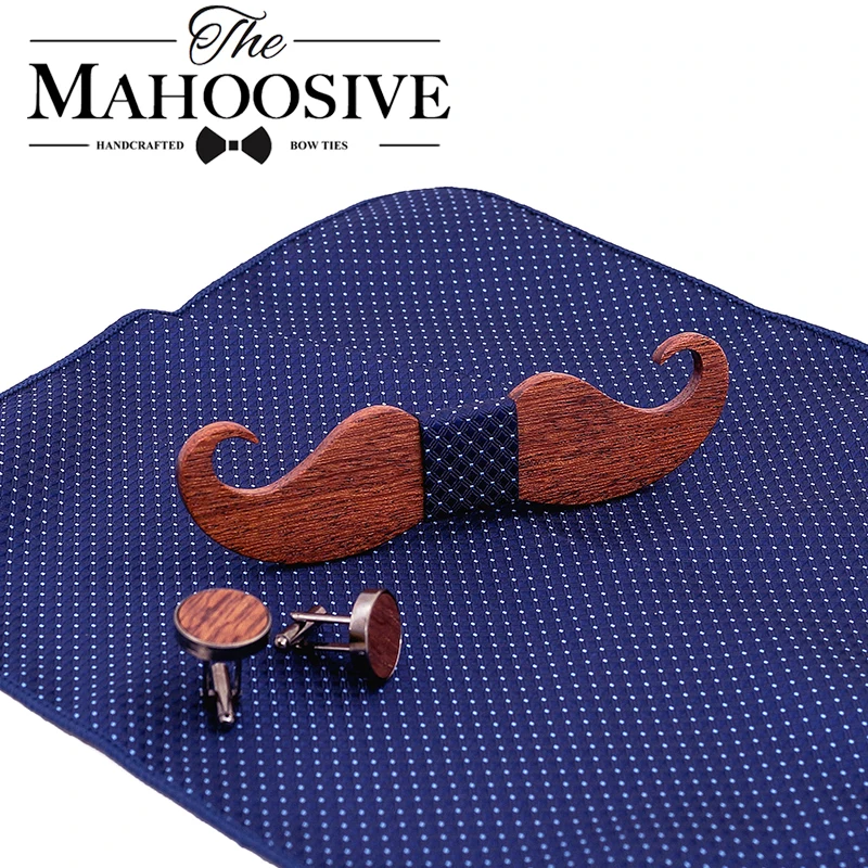 Mustache Wood Bowtie Handkerchief Cufflinks Sets for Mens Suit Wooden Bow tie dropshipping Bow Tie Bowknots Cravat