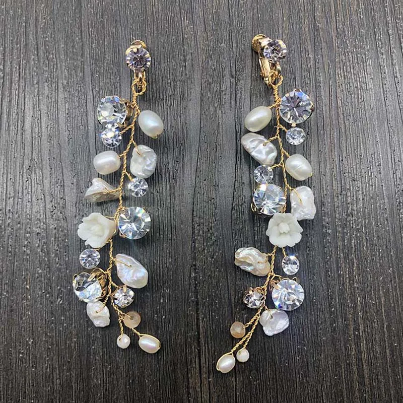 SLBRIDAL Handmade Rhinestones Crystal Pearl Clip on Wedding Dangle Earring Bridal Chandelier Earring Fashion Women Girls Jewelry