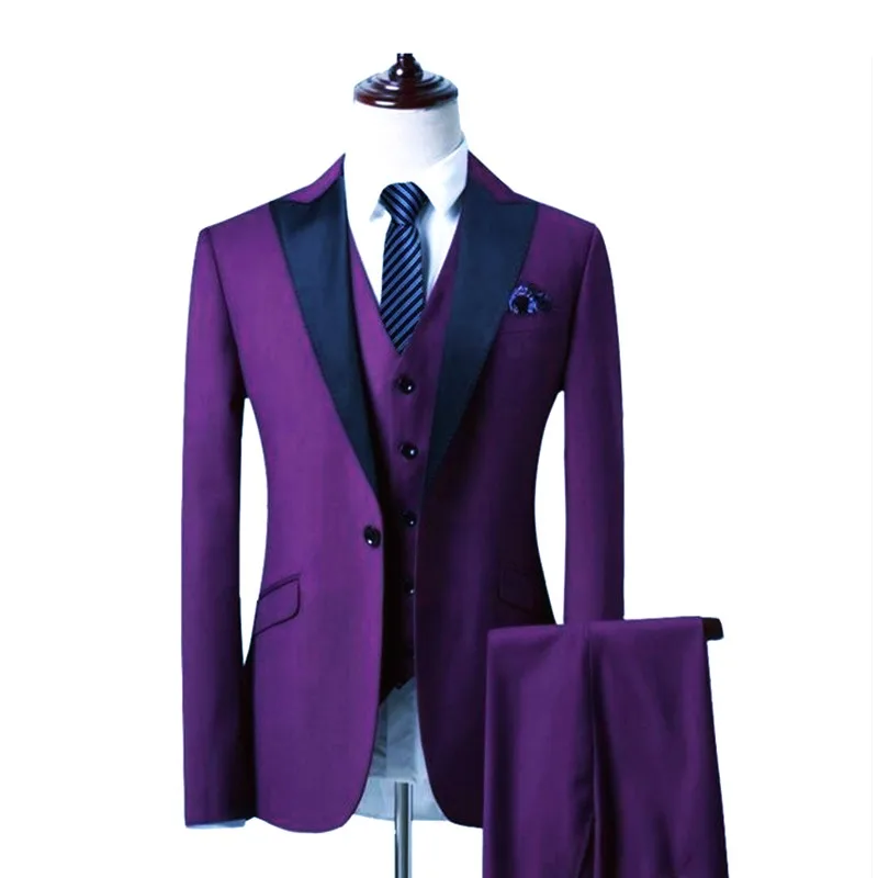 

Newest Groomsmen Purple Groom Tuxedos Peak Black Lapel Men Suits Wedding Best Man Blazer ( Jacket+Pants+Vest+Tie ) C489