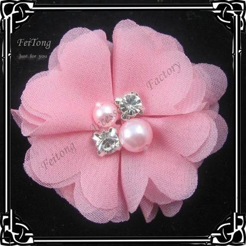 Free shipping!24pcs/lot 4cm diameter Luxurious chiffon flower  with phinestone and pearls