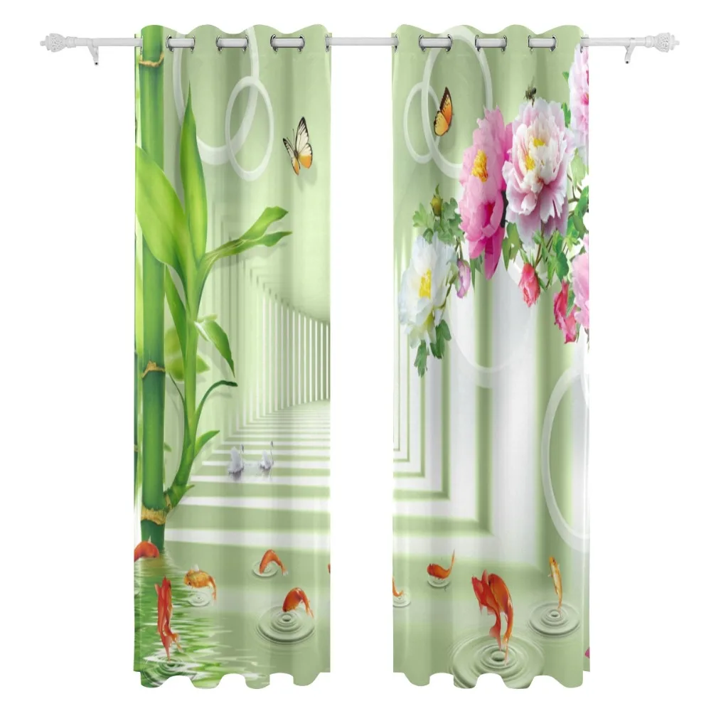 Chinese Bamboo Curtain Style Green Curtain for Kid Bedroom Decorative Curtain Lovely 3D Window Curtain for Living Room Luxurious