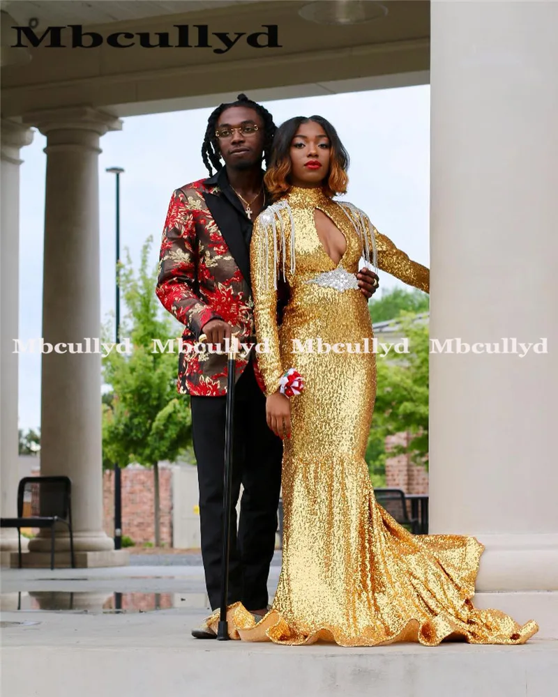 Mbcullyd African Mermaid Gold Sequins Black Girls Prom Dresses 2023 Halter Neck Long Sleeves Reflective Dress Evening Gala Gowns