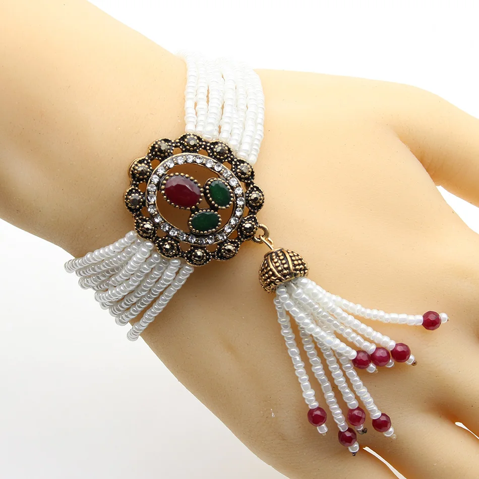 Pulsera de cuentas Vintage para mujer, joyería de resina redonda con flores, multicadena, brazalete de cuentas de Color dorado antiguo, regalo de joyería de novia gitana