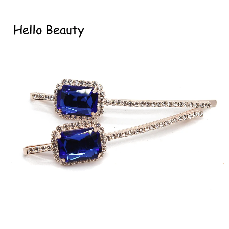 1 Pair Luxury Women Hair Accessories Square Purple Rhinestone Barrette Fashion Blue Hair Clips With Crystals For Girls