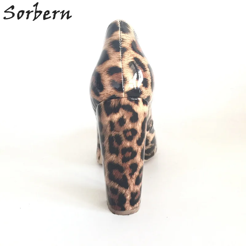 Sorbern Leopard Shiny PU Women Pumps Round Toe Square Chunky High Heels Custom Ladies Shoes Exclusive Size 45 OL Dress Shoes