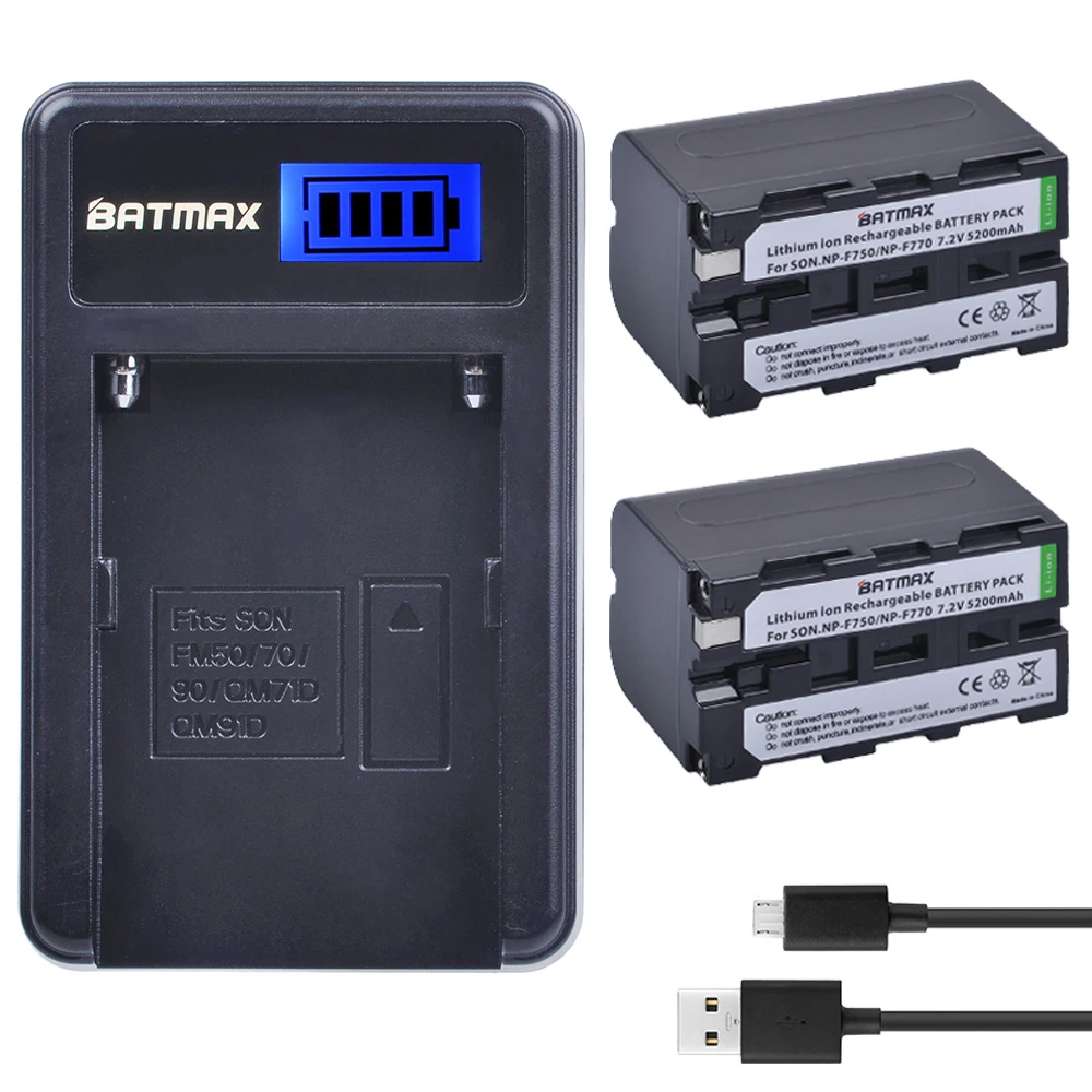 Batería de piezas Akku + LCD, Cargador USB para Sony NP F970 F960 F550 F570 QM91D NP-F750 TRU47E, 2 CCD-RV100, 5200mAh NP F750 NP F770