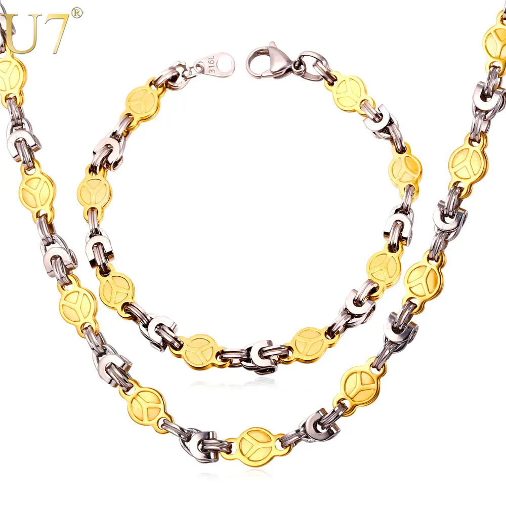 U7 Stainless Steel Chain Set For Men Two Tone Gold Color Peace Symbol Necklace Bracelet Men Jewelry Set Punk Rock Style S781