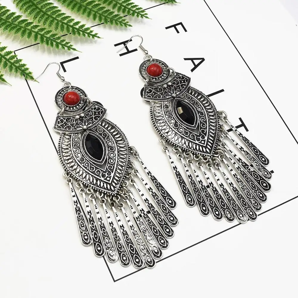 Thailand Silver Color Vintage Indian Big Long Tassel Statement Earrings for Women Jhumka Gypsy EgyptianTurkish Tribal Jewelry