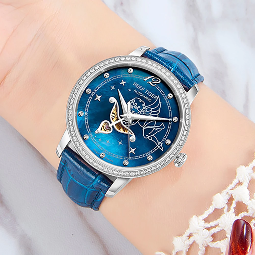 New Reef Tiger/RT Fashion Womens Watches Blue Dial Stainless Steel Watches for Lover Diamonds Ladies Watches RGA1550