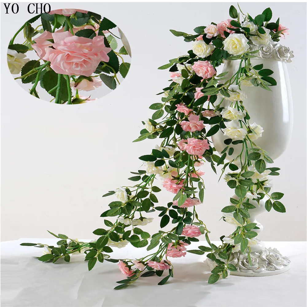 YO CHO DIY Artificial Flowers Vine Rose Garland Wedding Hanging Flower Wall Home Decoration Green Fake Leaves Party Silk Flower