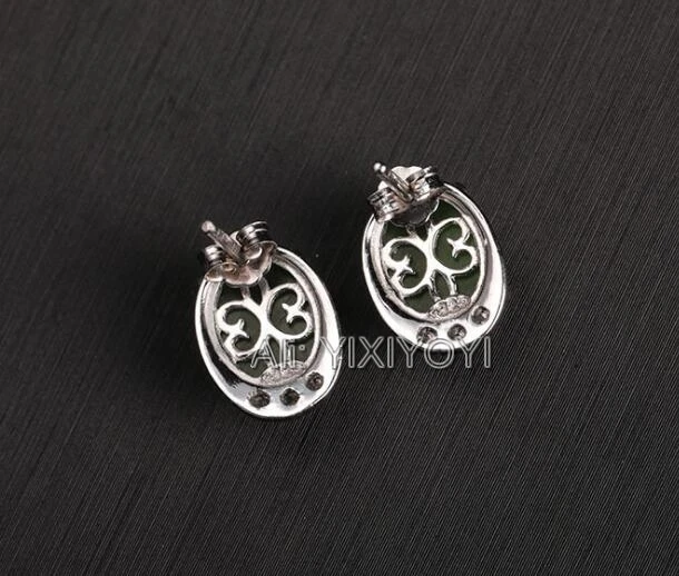 Beautiful 925 Silver Green HeTian Jade Beads Inlay Charming Elegant Stud Earrings Woman's Lucky Earring Ear Jewelry Certificate