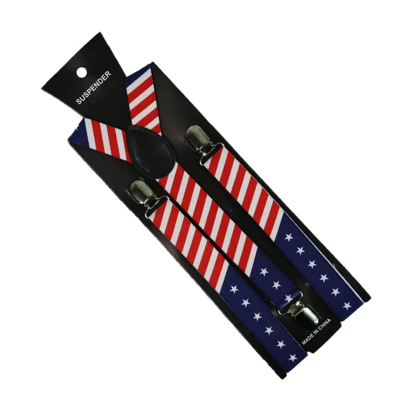 Winfox 2,5 cm breit USA Amerika Flagge Muster Hosenträger Unisex Clip-on Hosenträger Elastische Dünne Hosenträger Y-Back hosenträger