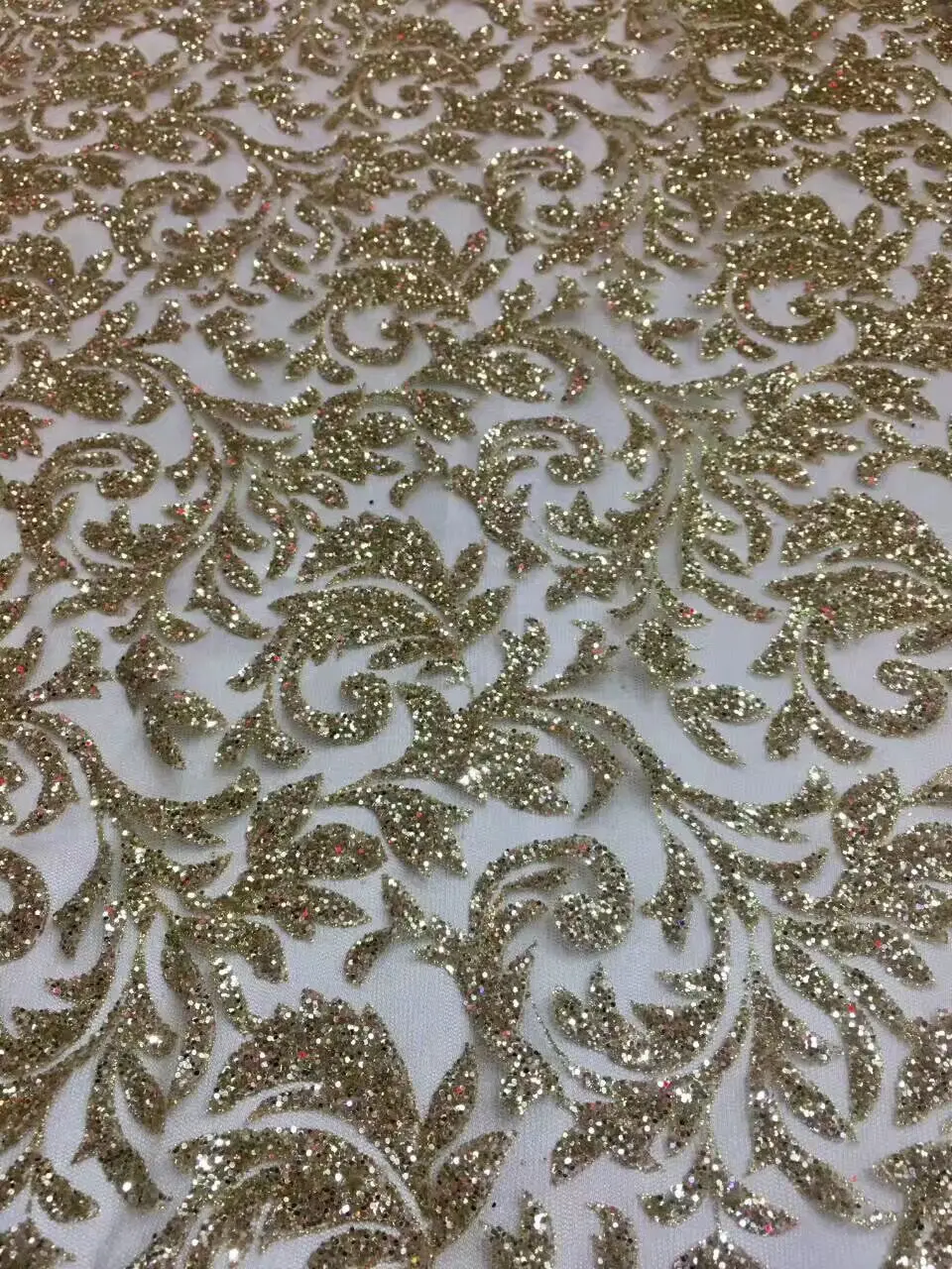 

hot selling 5 yards glitter sequins glued S-41556 embroidery african tulle mesh fabric in silver color for wedding dress