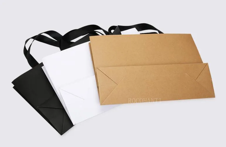 50pcs Custom Logo Paper Shopping Bag With Ribbon Handle for Clothing Gift Packaging Bag Sacola De Papel