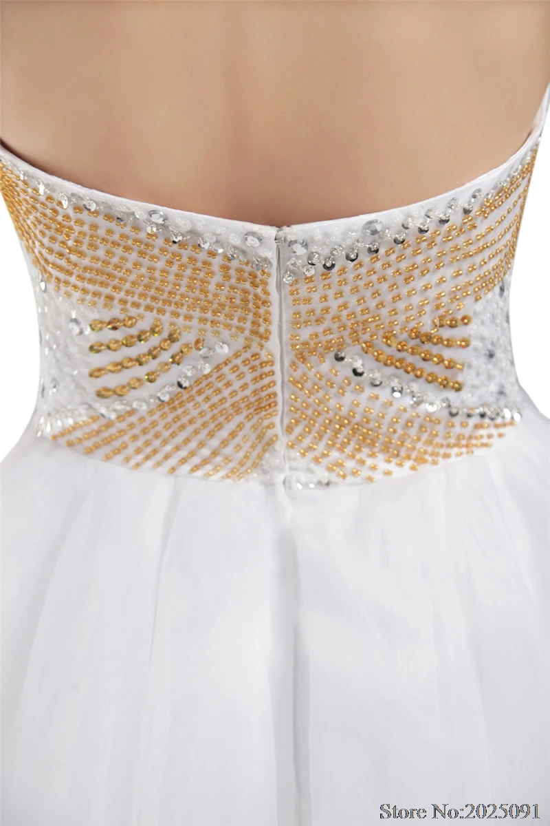 Real Pictures White Short Prom Dress Homecoming Dress 2018 Backless Organza with Gold Beads Mini Cocktail Dress