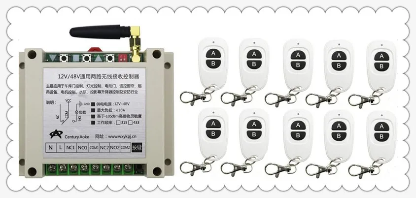 

New DC12V 24V 36V 48V 10A 2CH RF Wireless Switch Relay Receiver Remote Controllers & 10* White AB keys Waterproof Transmitter