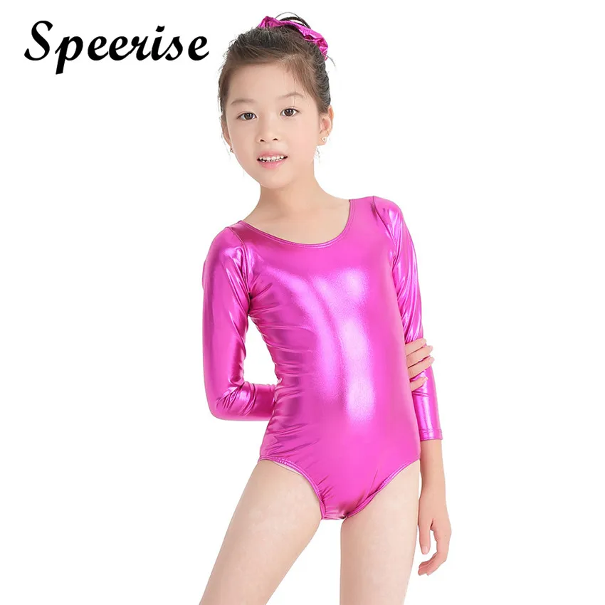 Speerise Meisjes Glanzend Metallic Lange Mouw Maillots Kinderen Ronde Hals Turnpakje Gymnastiek Spandex Bodysuit Ballet Dans Kostuums