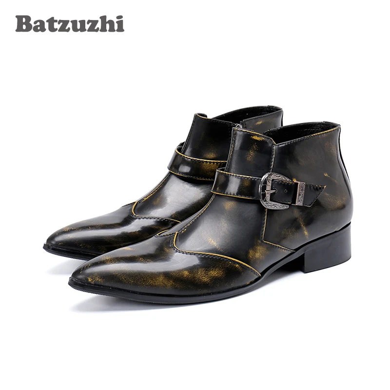 Batzuzhi Western Cowboy Men Boots Ankle Pointed Toe Bronze Leather Boots Botas Militares Botas Hombre Work Shoes, Pluz Size 46