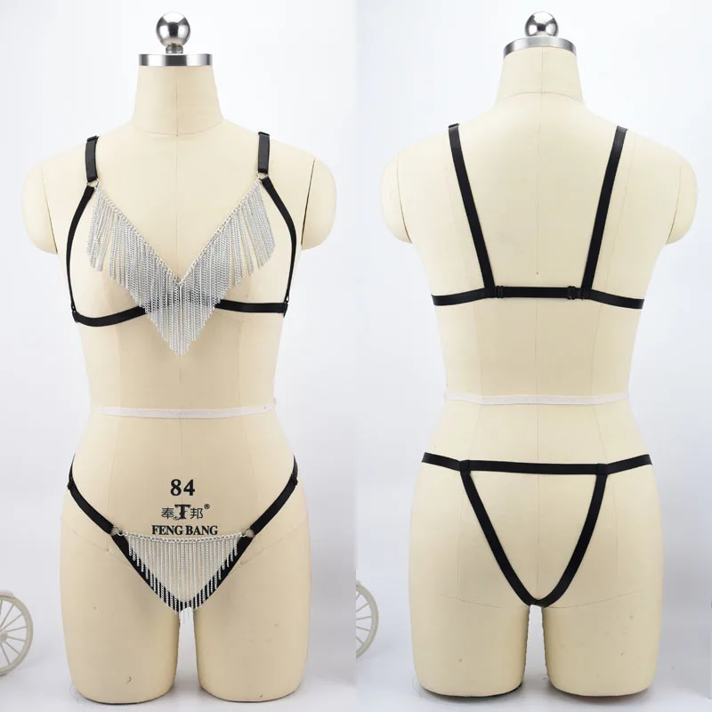 

Erotic Harness Set Women Crop Top Harness Bra + Harness Panties Adjustable Cage Bra Bondage Lingerie Fetish Wear N0100