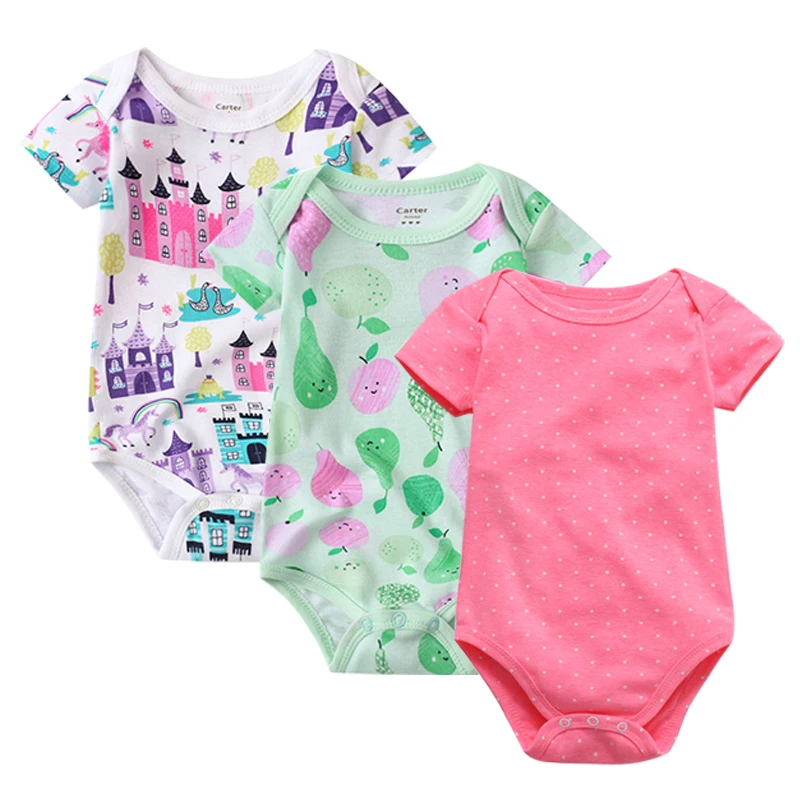 Newborn Bodysuits Baby Girl Clothes Summer Short Sleeve Cute Cartoon Pink Print Infant Clothing