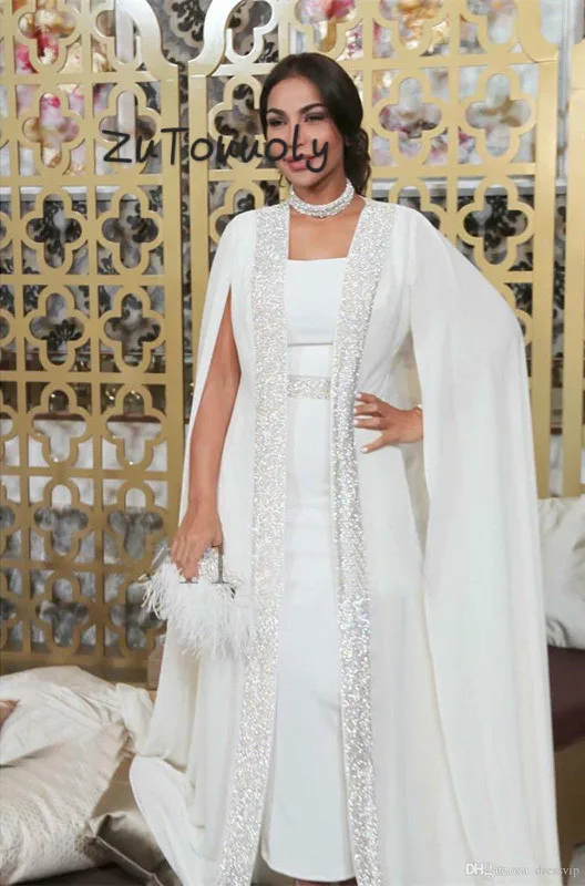 Dubai Muslimischen Abendkleid Weiß Pailletten Marokkanischen Kaftan Cape Abendkleid In besonderen anlass Arabisch Langarm Kleid Abend Tragen