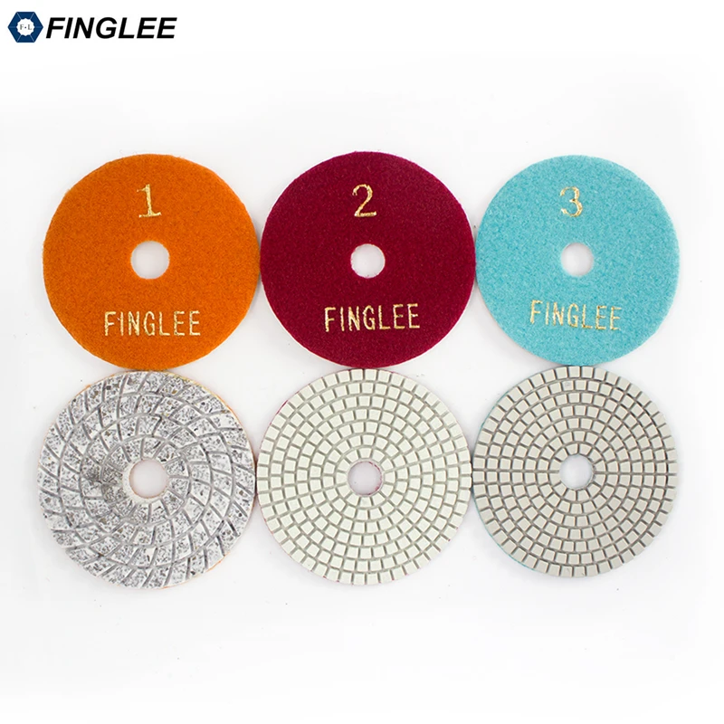 FINGLEE 4inch 100mm 3 step wet use Diamond Polishing Pads marble polishing pads for granite flexible