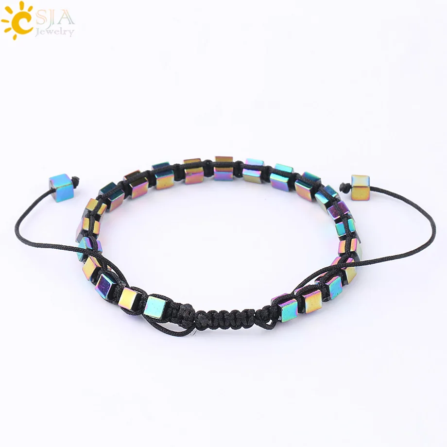 CSJA Fashion Hematite Bracelet Magnetic Elastic Weave Adjustable Bracelets Square Cylindrical Healthy Bangles for Men Women F623