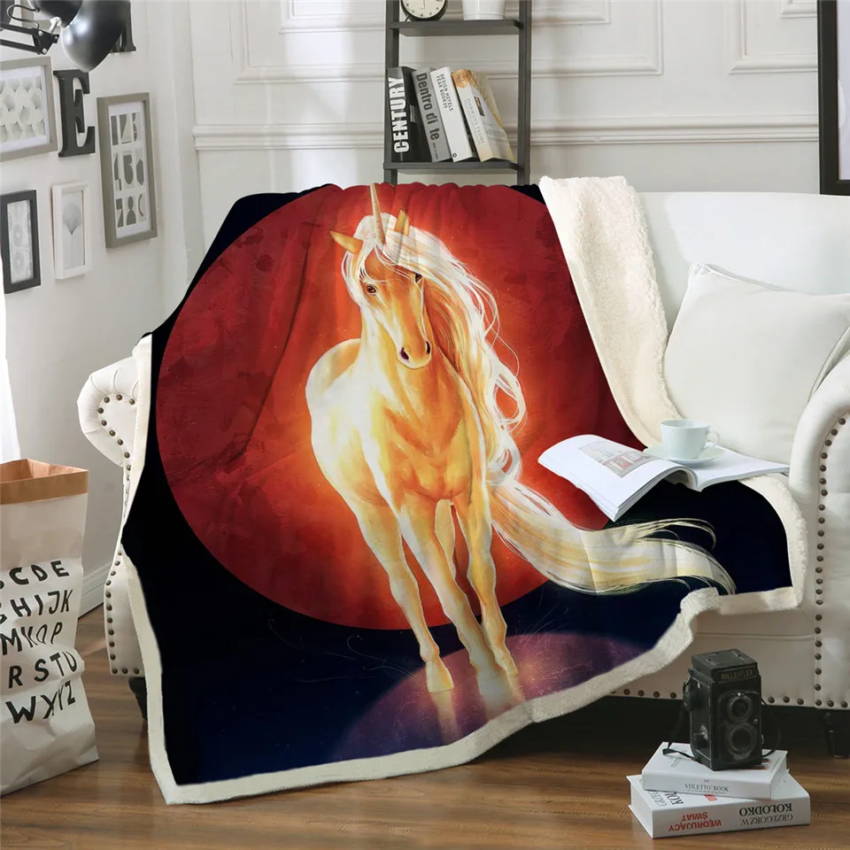 Last Unicorn by JoJoesArt Velvet Plush Sofa Blanket Psychedelic Shining Horse Throw Blanket Golden Animal Thin Quilt Bedding