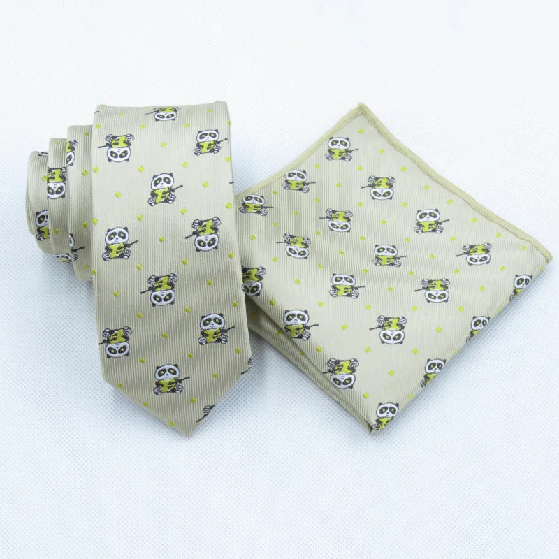 100% Polyester Khaki Male Korean Skinny Men Leisure Style Cartoon Panda Playing 6cm Pocket Square