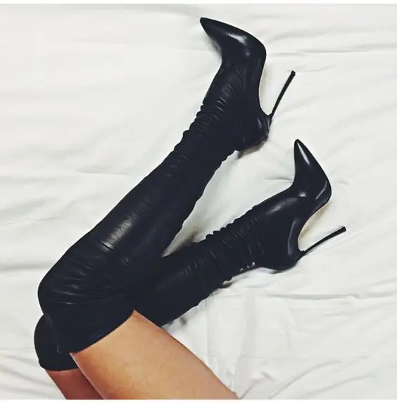 

new fashion black stretch leather thigh high boots sexy pointed toe high heel boots for woman slim fit over the knee boots