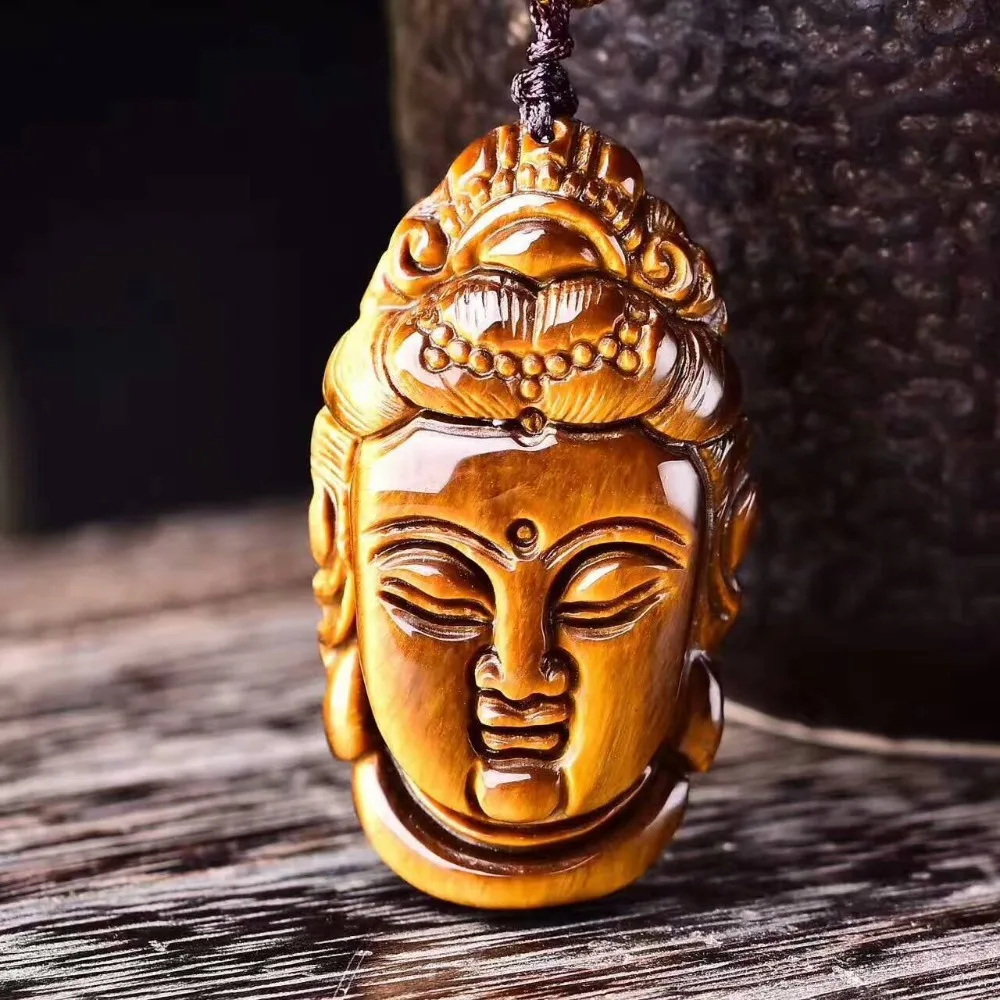 JoursNeige Natural Yellow Tiger Eye Stone Pendant Hand Carved Guanyin Head Buddha Pendant Evilspirit Lucky For Women Men Jewelry