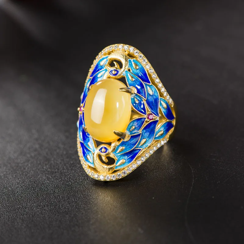 

Retro Silver Jewelry S925 Sterling Silver Cloisonne Natural Beeswax Gems Ring Design Fire Phoenix Women Open Ended Ring