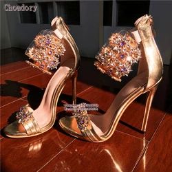 Top Quality Rhinestones Gold Women Sandals Summer Crystal Women Sandals High Heels Open Toe Thin Heels Weeding Women Shoes