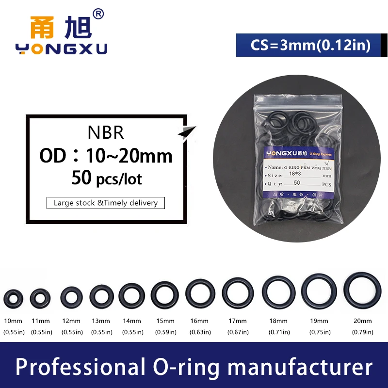 50PCS/Lot Black NBR Sealing O-Ring CS3mm Thickness OD10/11/12/13/14/15/16/17/18/19/20*3mm Seal Rubber Gasket Rings Washer
