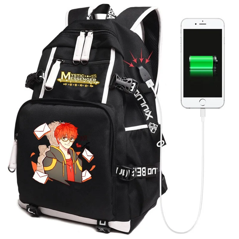 Anime Game Mystic Messenger USB Backpack Unisex Black Travel Shoulder Bags Kids Teens School Student Bags Bookbag