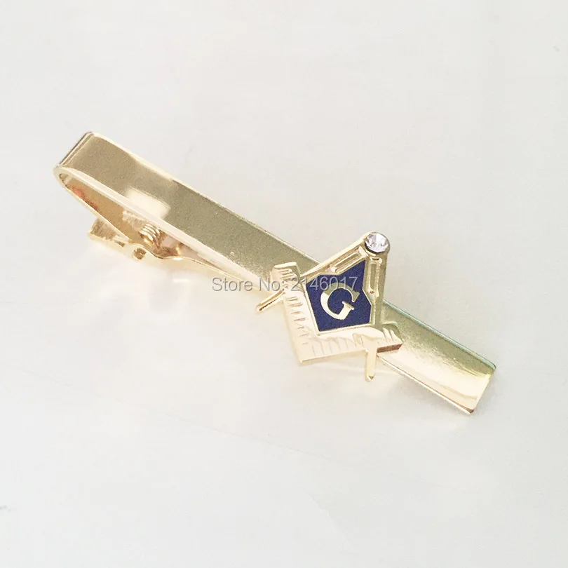 Freemason Blue Lodge Masonic Masonry Tie Clips Square and Compass Gold Color Rhinestone Fashion Men's Neck Tie Clip Bar