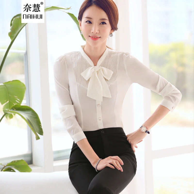 Lenshin Autumn women's Tie shirt long-sleeve slim bow blouse white office ladies blusa feminino tops