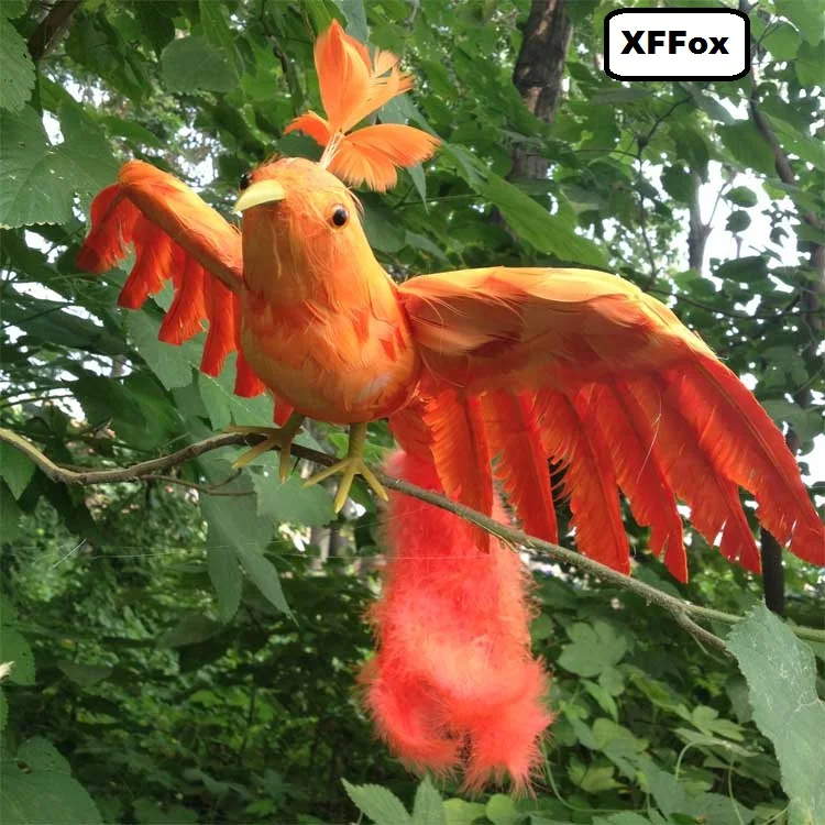 new simulation wings orange-red bird model foam& furs  long tail bird doll gift about 35x58cm xf0350