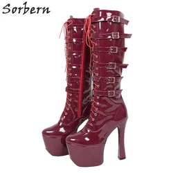 Sorbern Lace Up Round Toe Knee High Boots For Women Zip Up Straps Buckles Spool Heels Platform Boots New Womens Shoes Size 10