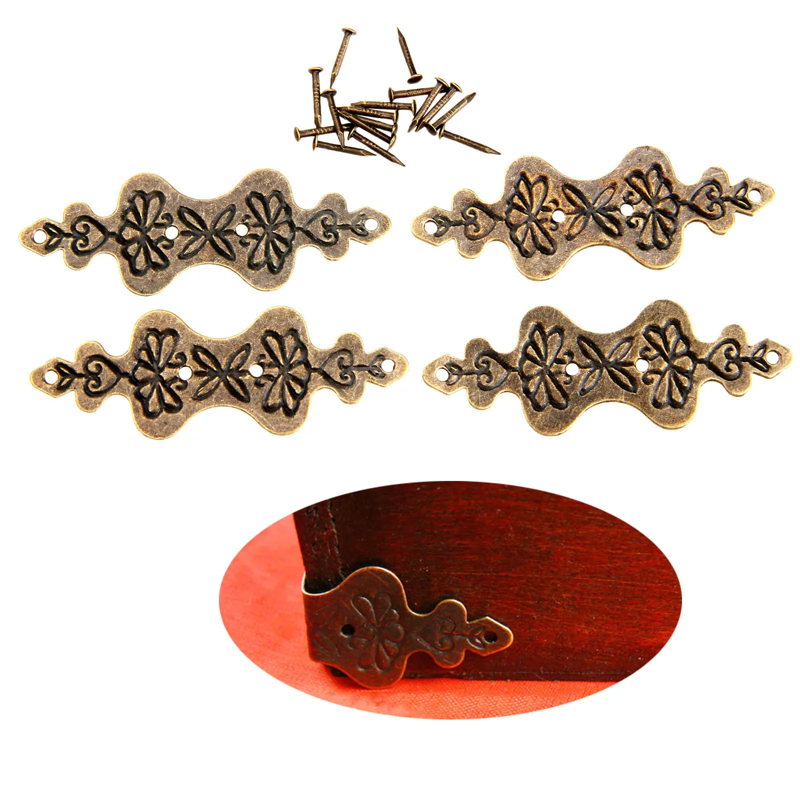 12Pcs Antike Bronze Ecke Halterung Schmuck Box Holz Fall Dekorative Füße Bein Ecke Protector Möbel Armaturen w/Nagel 56*20mm