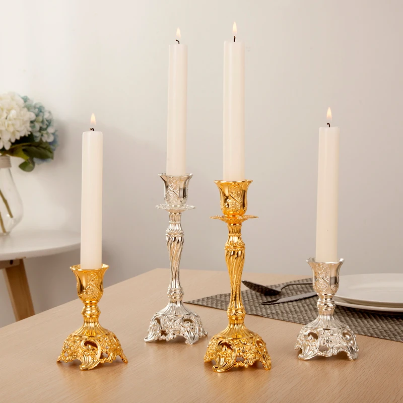 

European Vintage Embossed Home Tabletop Decor Shiny Silver Gold Plating Metal Alloy Stick Candle Holders Pair