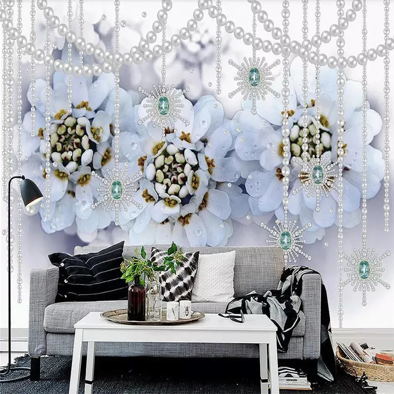 Custom 3d wallpaper simple blue flower pearl 3D three-dimensional jewelry background wall high-grade waterproof material