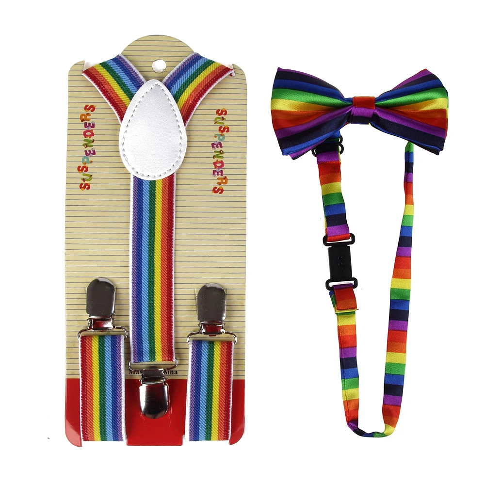 New Fashion Multicolor Adjustable Rainbow Stripe Print Suspender And Bow Ties Sets For Kids Boys