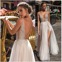 Smileven Beach Wedding Dress Backless Lace Bride Dress Sexy Side Split 2021 Lace Appliques Boho Long Bridal Gown